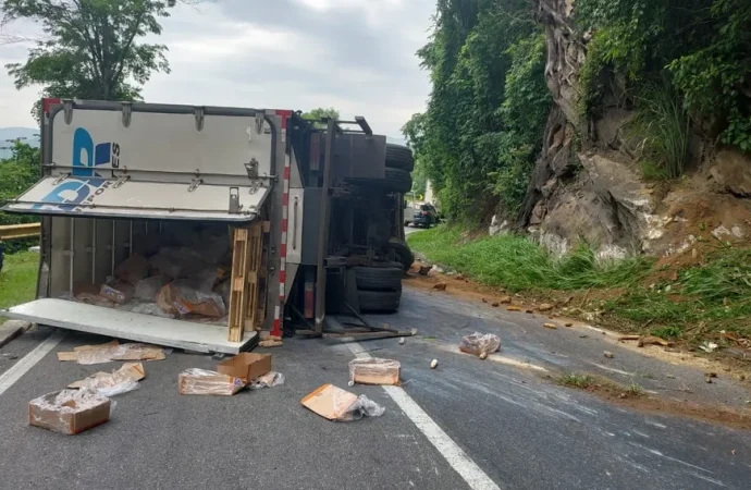 Caminhão que transportava carne tomba na pista de descida da Serra das Araras